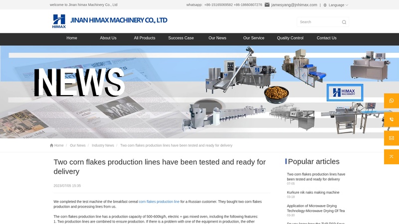 Two corn flakes production lines have been tested and ready for delivery machinery